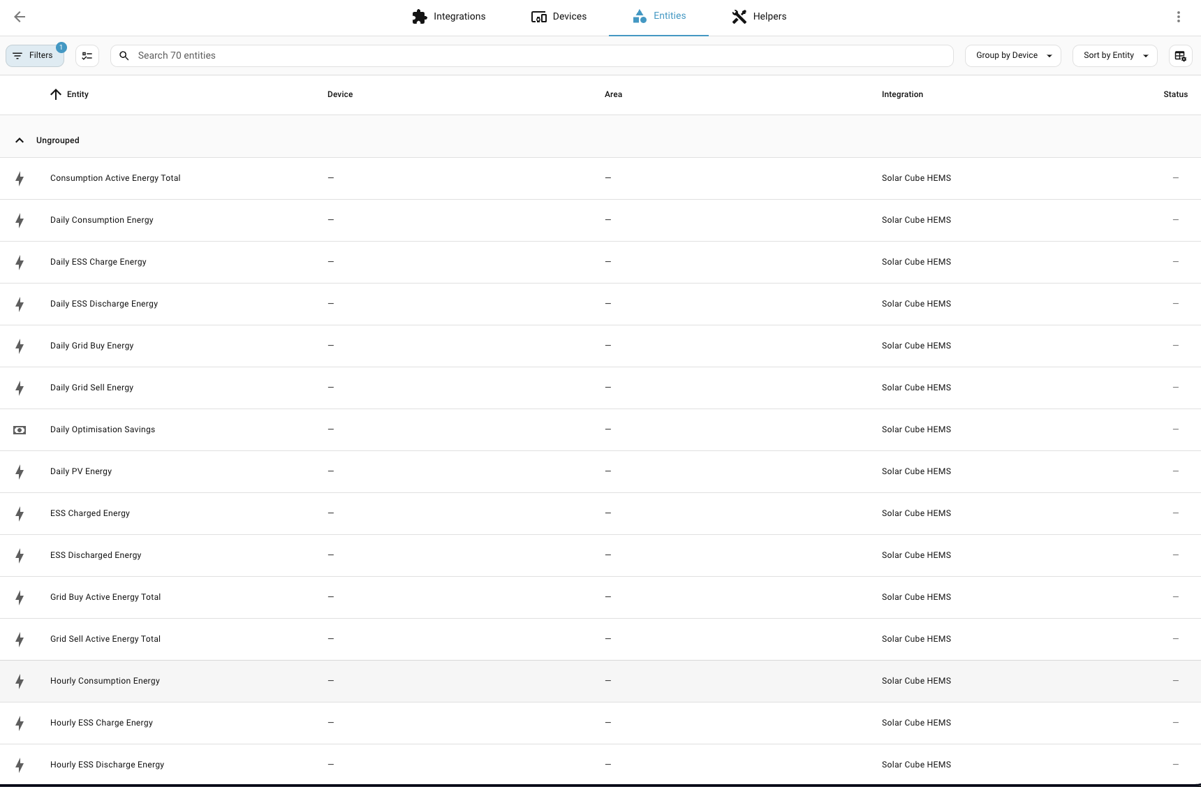 Screenshot 9 — Solar Cube entities in Home Assistant
