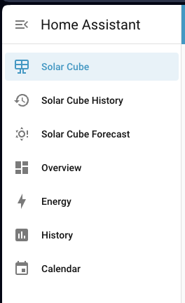 Screenshot 6 — Solar Cube dashboards in the Home Assistant sidebar