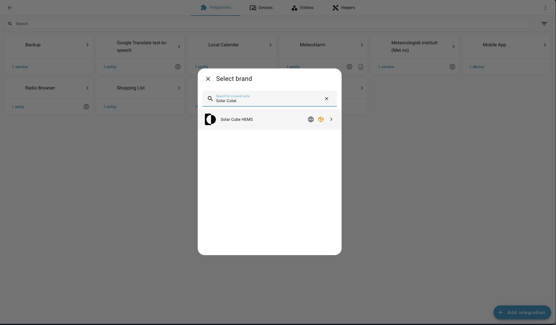 Screenshot 3 — searching for the Solar Cube integration