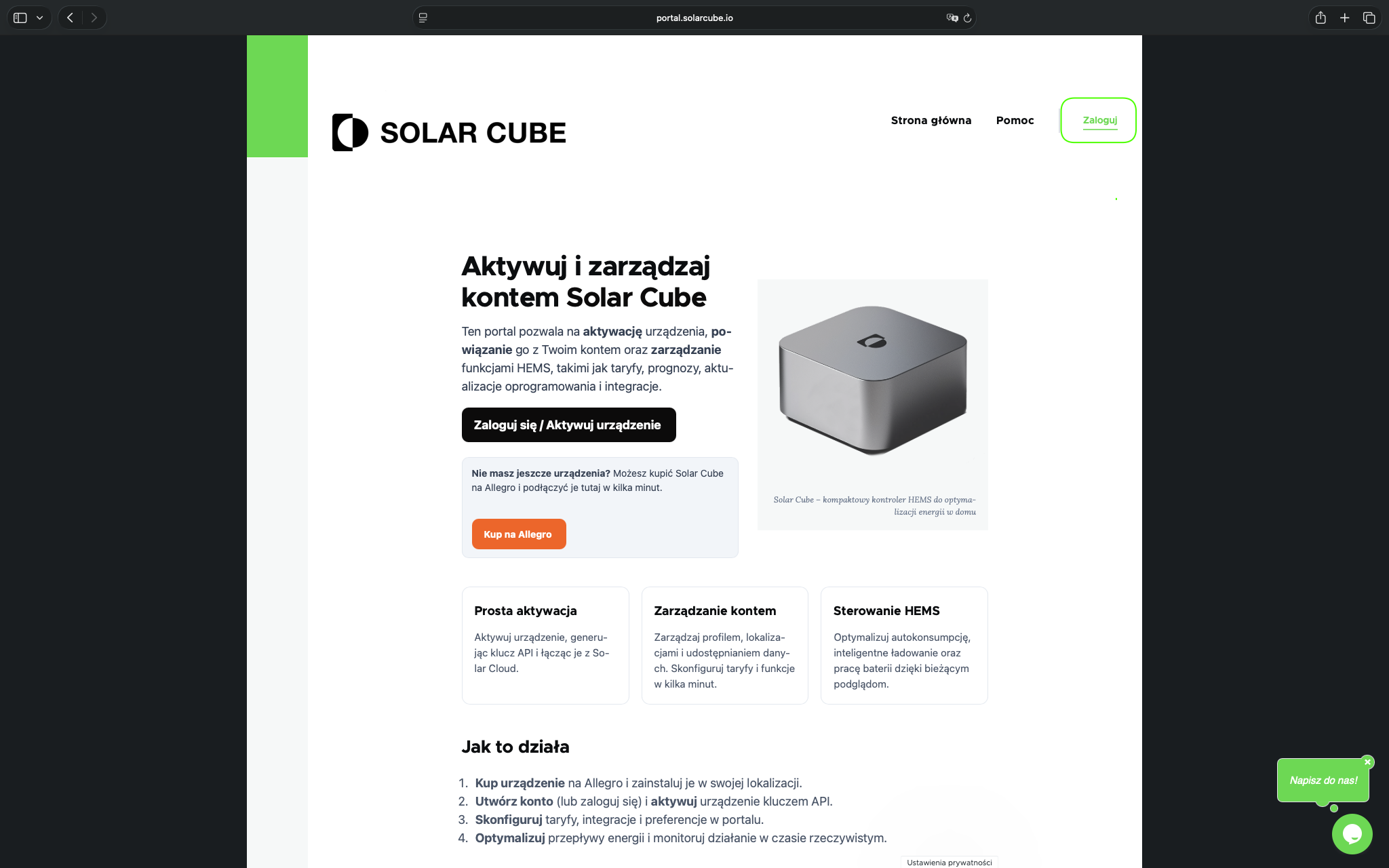 Screenshot 1 — login button in the Solar Cube portal