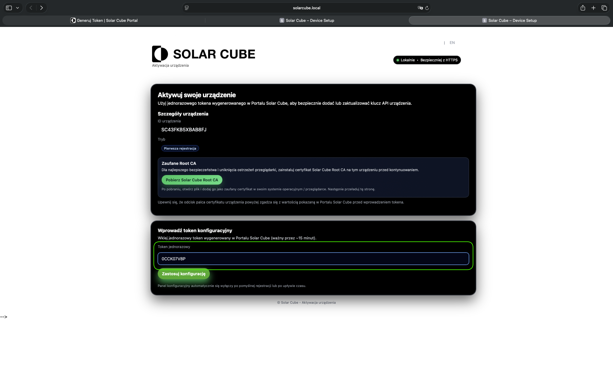 Screenshot 19 — pasting the token into the local form