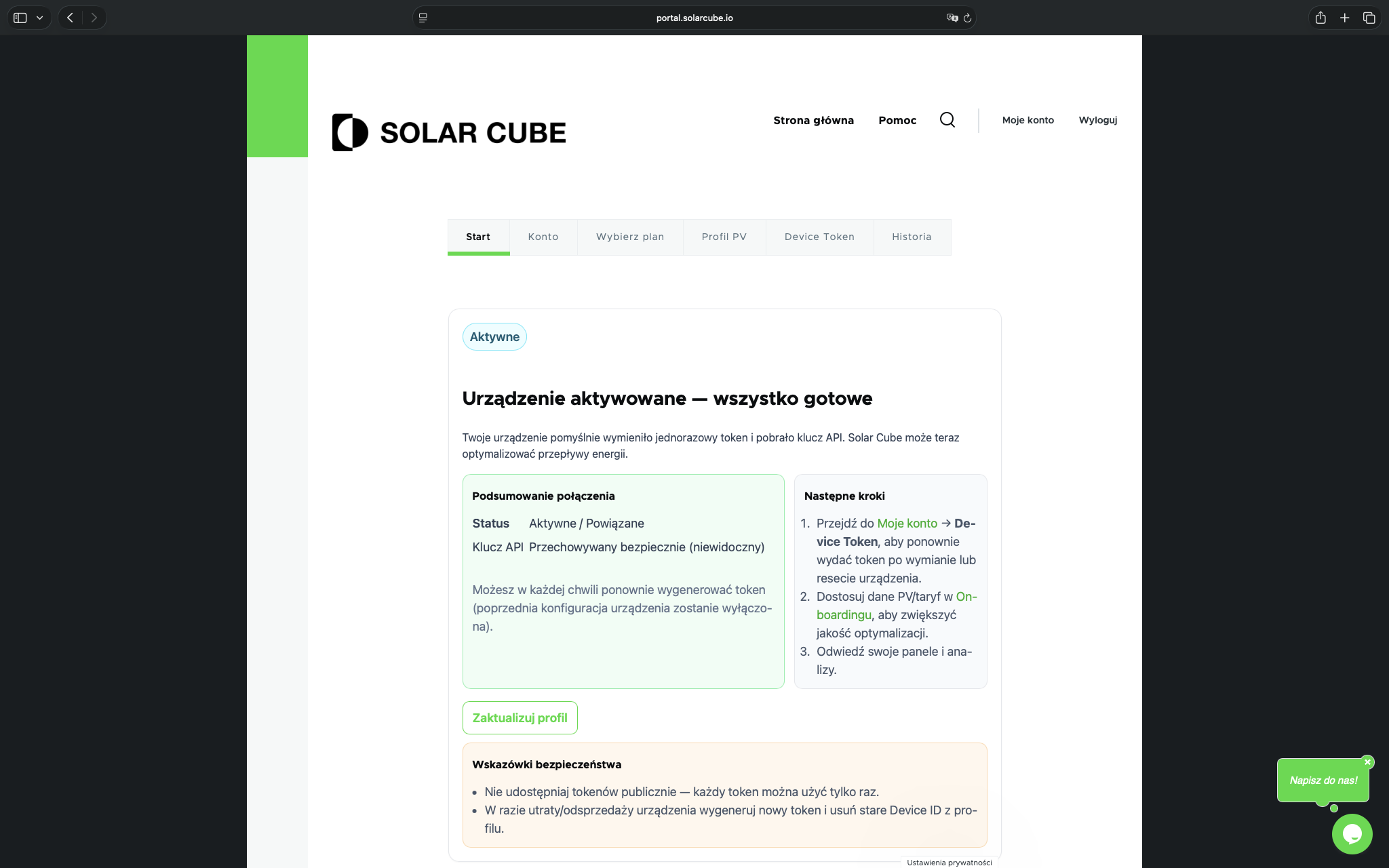 Screenshot 21 — activation confirmation in the Solar Cube portal