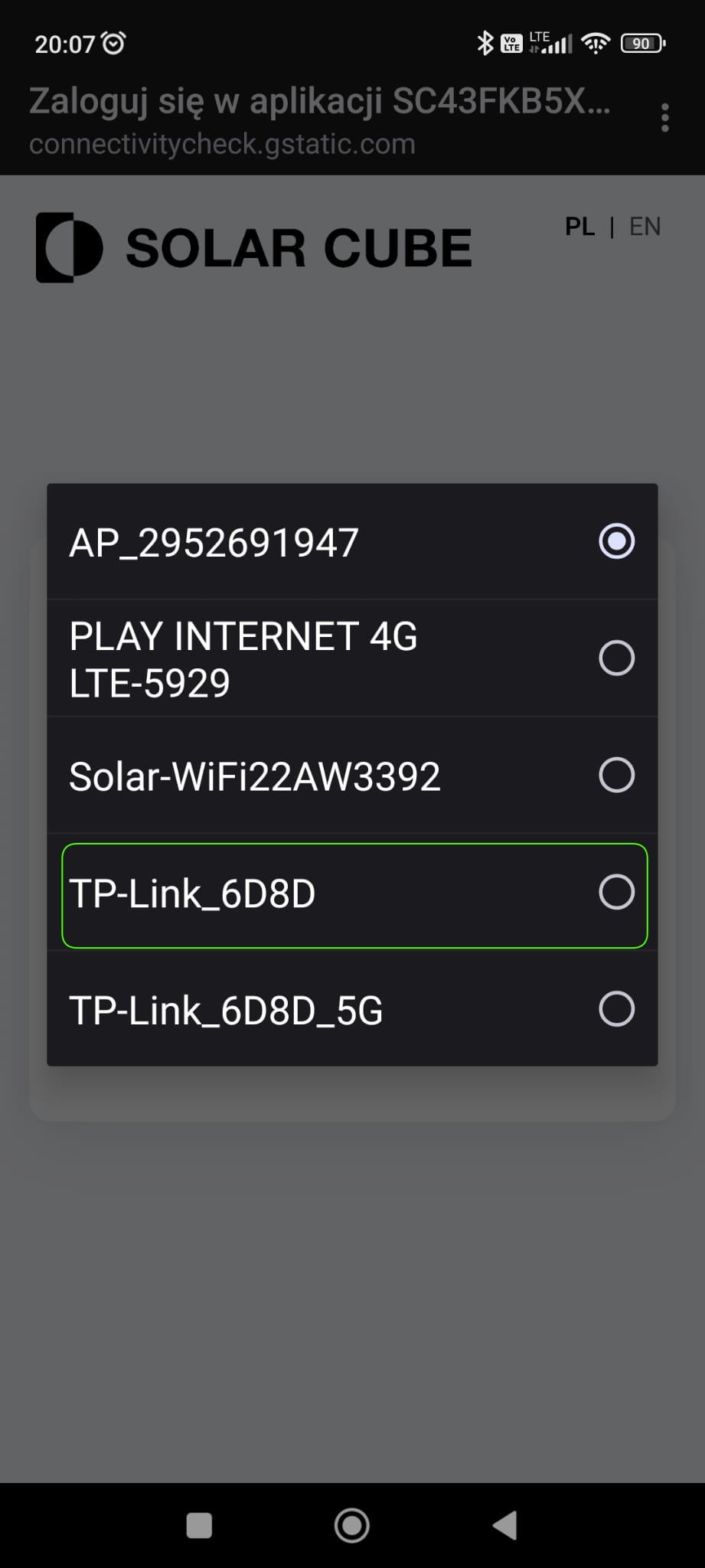 List of available Wi‑Fi networks in the Solar Cube configuration portal