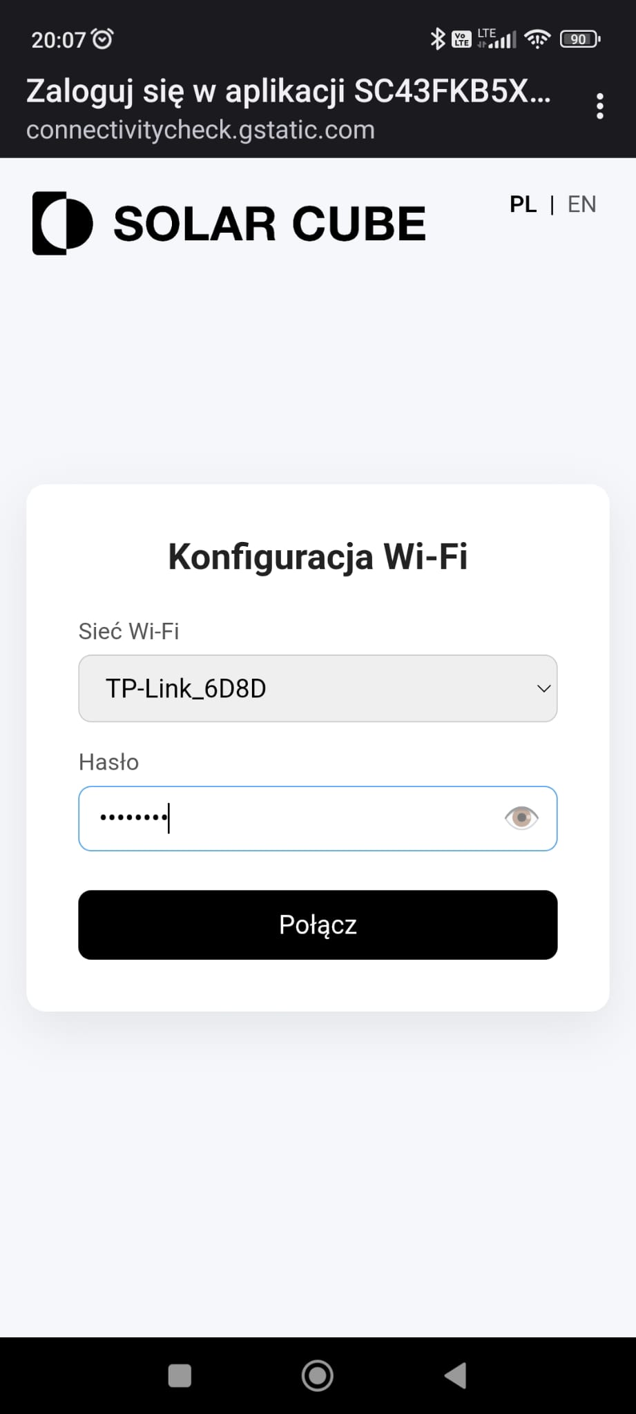 Entering the Wi‑Fi network password in the Solar Cube portal
