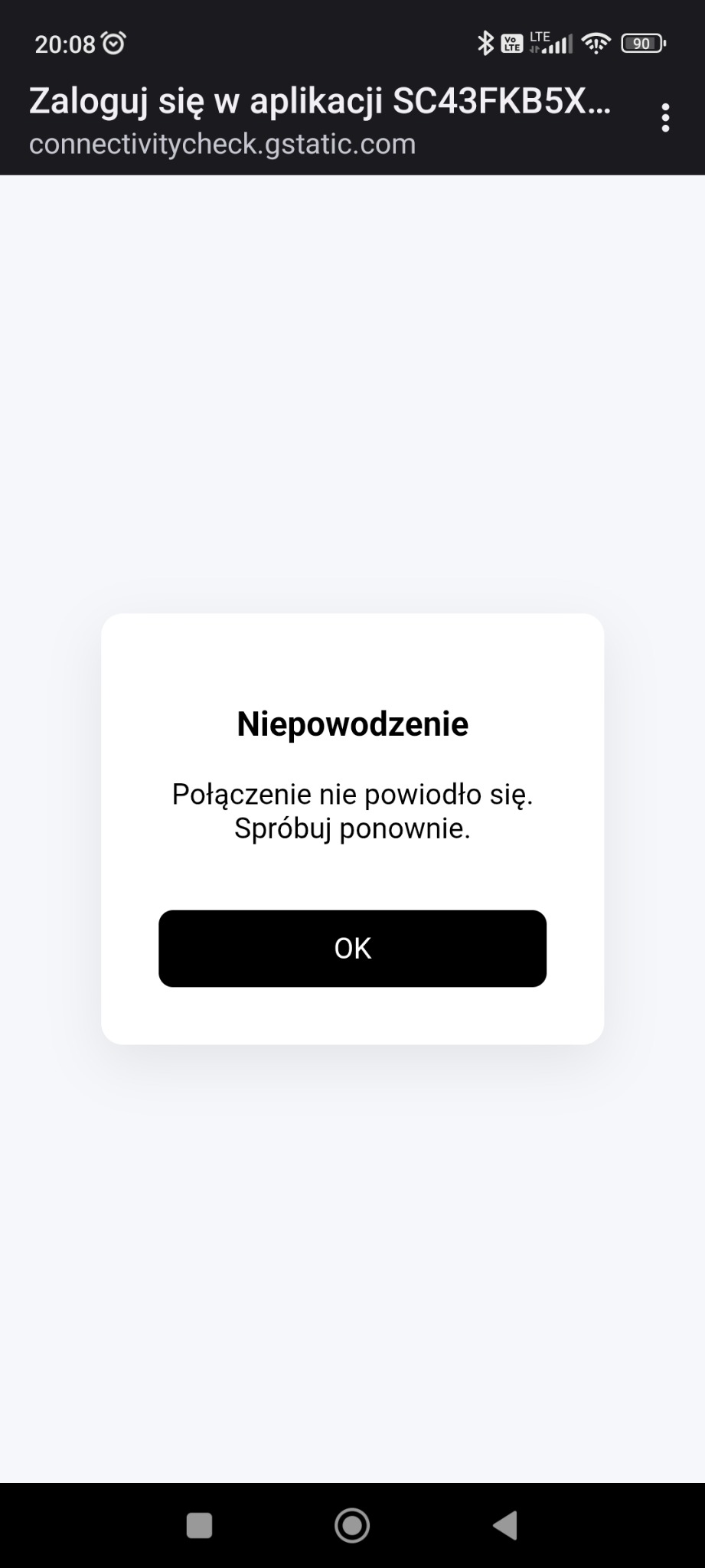 Error message if the Solar Cube Wi‑Fi connection fails